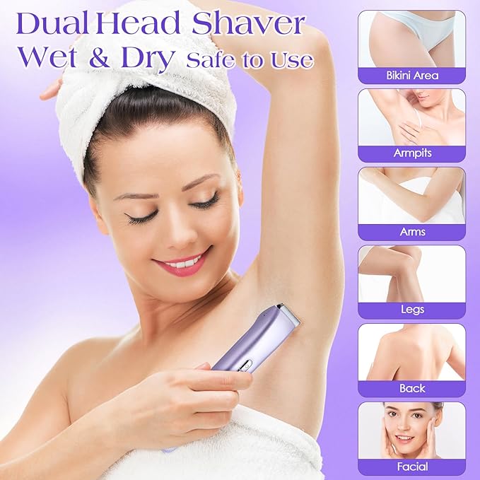 2 in 1 Bikini Trimmer for Women Dual Head Electric Razors IPX7 Waterproof Wet & Dry Use, Electric Shaver for Women Private Area Facial Body Underarm Leg Arm Hair Remover for Pubic Hair