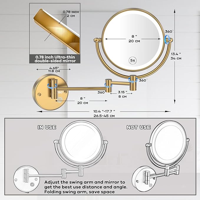 Wall Mounted Lighted Makeup Mirror with Magnification 5X, Rechargeable Bathroom Magnifying Shaving Cosmetic Mirror with Extension Swing Arm, Touch Stepless Dimming, Brushed Moderne Brass