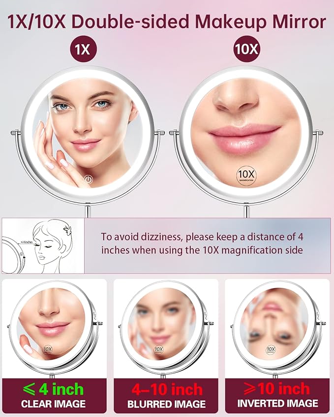 Gospire 8" Lighted Makeup Mirror with Magnification 10X/1X, 3 Color Lights & Dimmable Lighting, 360° Rotation Double Sided Rechargeable Cordless Vanity Cosmetic Standing LED Mirror for Makeup