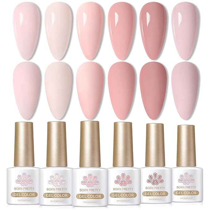 BORN PRETTY Pink Gel Nail Polish 6 Colors,Soft Nude Pink Valentine's Day Gift Nail Art Manicure DIY Salon Home