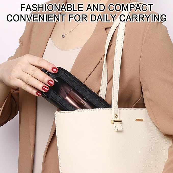 Pinkmik Travel Clear Makeup Bag with Brush Bag Portable Cosmetic Bag Case Transparent Toiletry Bag Cosmetic Organizer Storage Bag for Women (Black, L+SLIM)