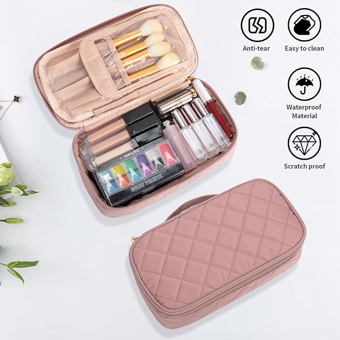 OCHEAL Small Makeup Bag,Portable Cute Travel Makeup Bag Pouch for Women Girls Makeup Brush Organizer Cosmetics Bags with Compartment-Rhombus Pink