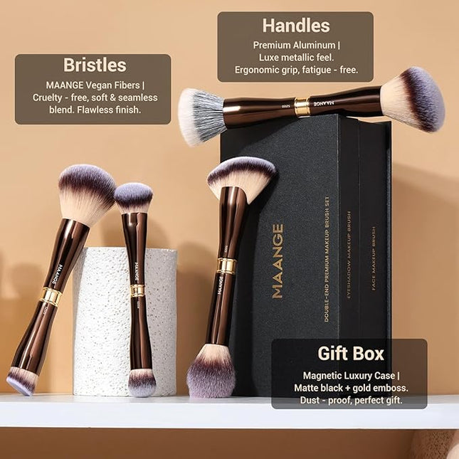 MAANGE Makeup Brush Set with Mirror Double-ended Kabuki Makeup Brushes For Foundation Contour Liquid Powder Concealer Eye Shadows Cream Cosmetics Blending Blush Makeup Tools (Coffee Brown, 8 PCS)
