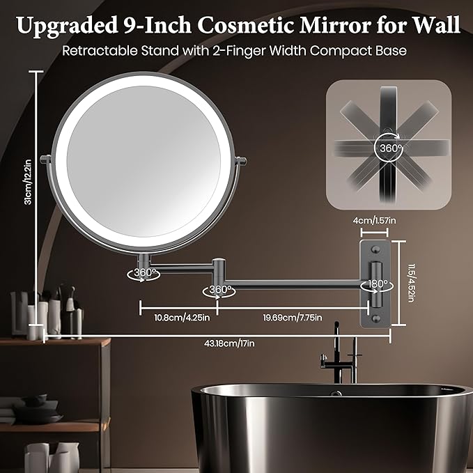 Large Wall Mounted Lighted Makeup Mirror Black Nickel, 1X/20X Magnifying Mirror with 3 Color Light, LED Lights Dimmable 5000mAh Rechargeable Wall Mount Makeup Mirror, 360° Swivel 17 Inch for Bathroom