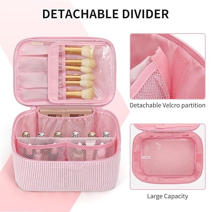 OCHEAL Makeup Bag for Women - Travel Cosmetic Organizer with Brush Slot & Divider, Large Capacity Toiletry Bag for Girls, Travel Makeup Case for everyday Make up Accessories -Pink stripes