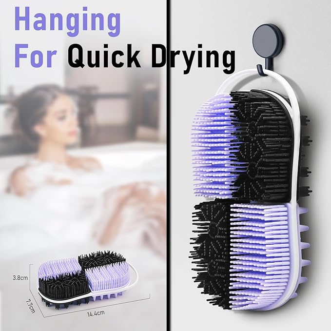 2 in 1 Silicone Body Hair Scrubber Upgraded Bristles Exfoliator Massage Shower Bathing Bath Women Brush Scrubbers for All Skin Body Wash (1pc Black+Purple)