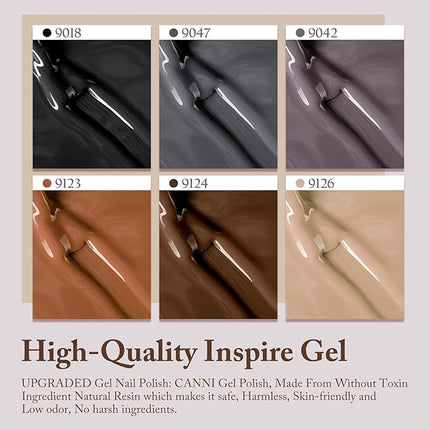 CANNI Gel Nail Polish Set – 6 Colors (Black, Brown, Nude, Grey, Khaki), 9ML Soak Off UV LED Nail Gel, Winter Neutral Shades for DIY Manicure & Salon Nails
