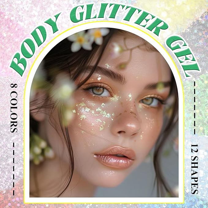 Body Glitter Face Glitter, Hair Glitter for Kids, 12 Shapes Fine Chunky Glitter Gel for Women Girls Makeup Sparkles Party Mermaid Sequins Rave Accessories Singer Concerts Festival (Green Scheme)