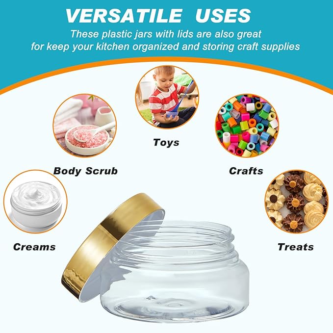 Tessco 24 Pack Plastic Jars with Lids Labels Empty Clear Plastic Jars Round Refillable Cosmetic Containers Body Butter Containers Bulk Sugar Scrub Bottle for Make Up(5 oz,Gold)