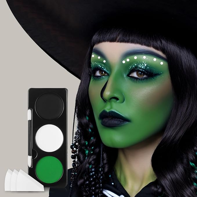 Green Witch Makeup Kit,Black White Green Face Paint + 3PC Sponge + Brush,Hulk Hunting 3 Colors Body Paint Palette,Safe Halloween Set for Kids,Eye Black for Baseball/Softball/Football,21g