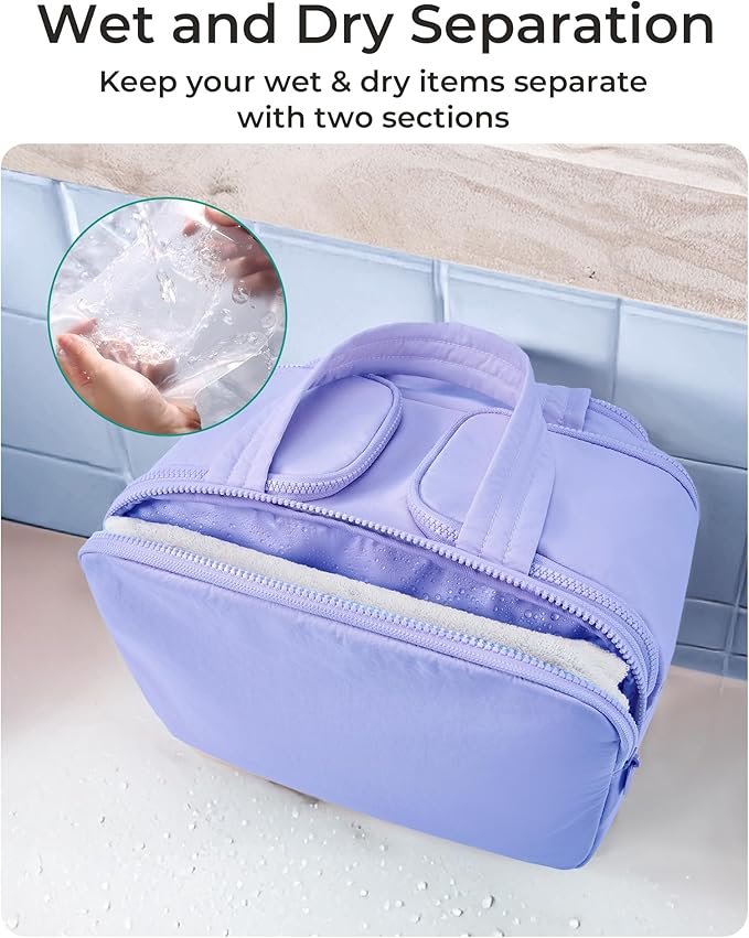 BAGSMART Travel Toiletry Bag, Lightweight Large Wide-open Travel Bag for Women, Puffy Cosmetic Makeup Bag Organizer with Handle for Accessories,Essentials, Toiletries, Purple
