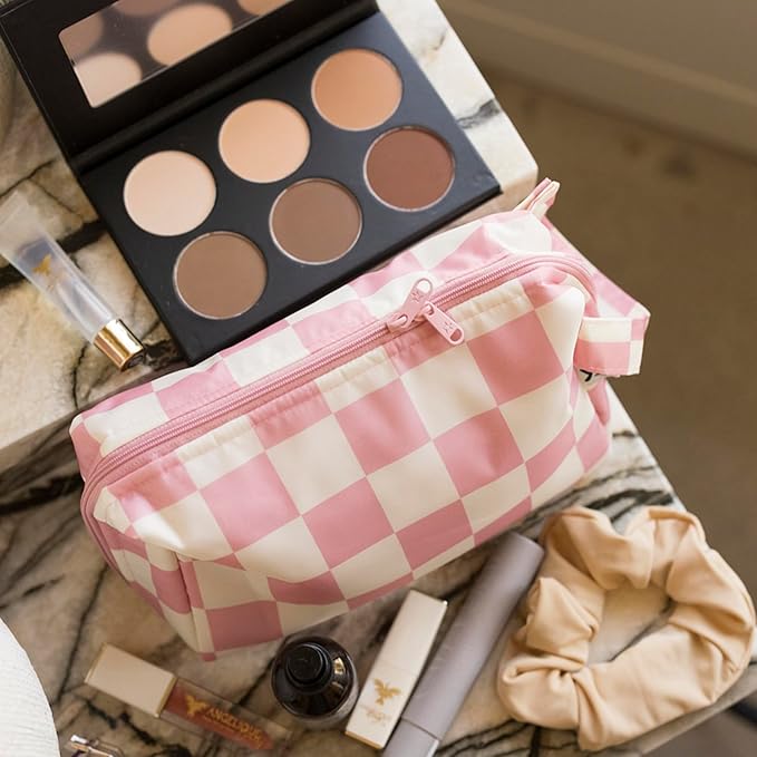 Tiny Twinkle Portable Waterproof Makeup Bag | Travel-Friendly Cosmetic Organizer with Convenient Carry Handle | Spacious Interior, and Secure Zipper Closure (Pink Checkers)