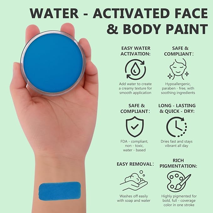 Blue Face Body Paint Kit for Kids & Adults, Non-Toxic Water-Based Professional Face Painting Palette with Brushes for Halloween Clown Goth Vampire SFX Makeup, Art Stage Cosplay Parties