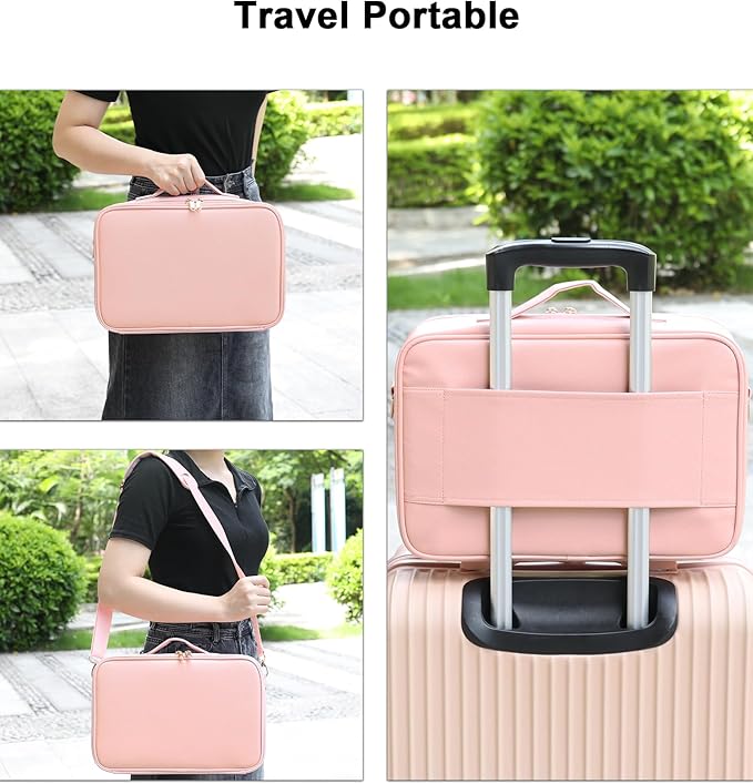 Chomeiu Makeup Bag with LED Mirror, Travel Cosmetic Train Case for Women, Makeup Artists Large Organizer Box with Vanity Light Up Mirror, 3 Color Lights, Adjustable Dividers & Shoulder Strap (Black)