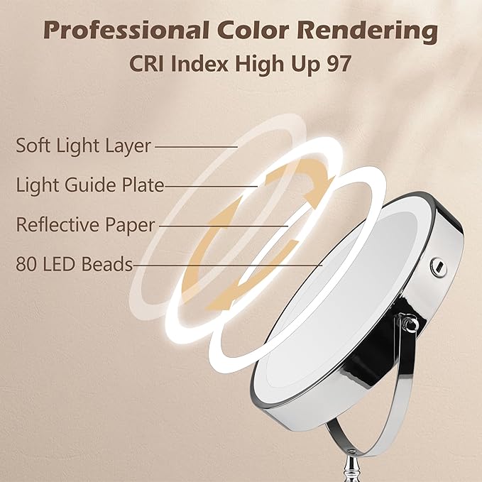 9" Large Lighted Makeup Mirror, 1X/10X Magnifying Makeup Mirror with 3 Colors Dimmable Lightning, 80 LED Lights, 360°Rotation Double Sided Standing Vanity Mirror