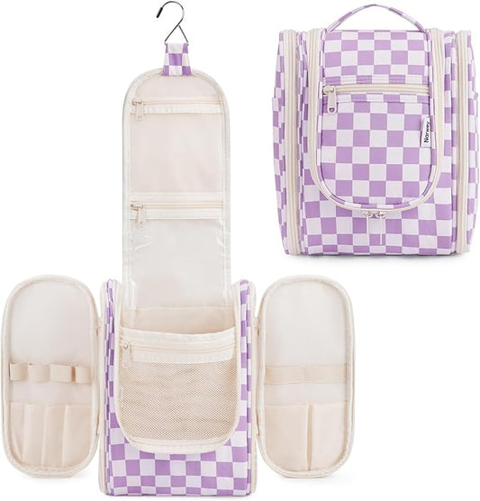 Narwey Small Checkered Hanging Travel Toiletry Bag for Women, Travel Bag for Toiletries, Makeup Bag Organizer Cosmetic Bags Make Up Bags for Women (Purple Checkerboard)