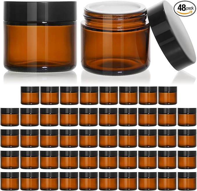 KEYWING 2oz Small Glass Jars with Black Lids, 48 Pack Amber Glass Cosmetic Jars, Round Empty Sample Container with Inner Liners for Lotions, Cream, Powders and Ointments