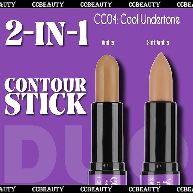 CCbeauty 2-IN-1 Contour Stick Cool Tone, Cream Dual Bronzer Concealer Shade with Cool toned Matte Finish, Contouring Bronzing Makeup for Face Shaping Makeup, Amber & Soft Amber