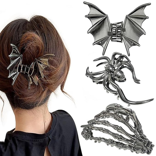 3 Pieces Large Metal Spider Net Bat Hand Hair Claw Clips for Women and Girls Thick Long Hair, Nonslip Skeleton Spooky Barrette Headband Hair Styling Accessories for Halloween Christmas Gifts