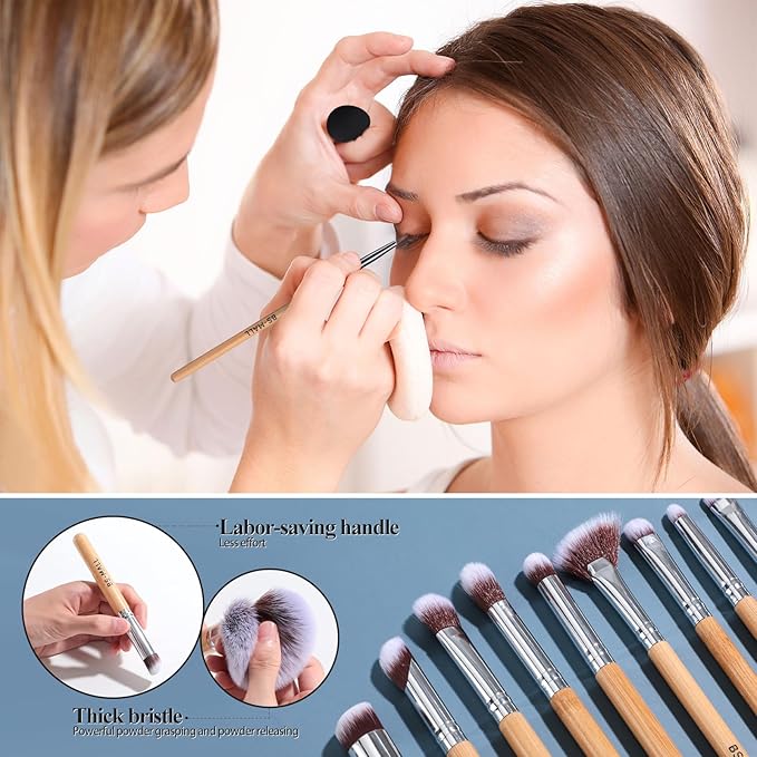 BS-MALL Makeup Brushes Bamboo Premium Synthetic Foundation Powder Concealers Eye Shadows 18 Pcs Brush Set with 5 sponge & Holder Sponge Case