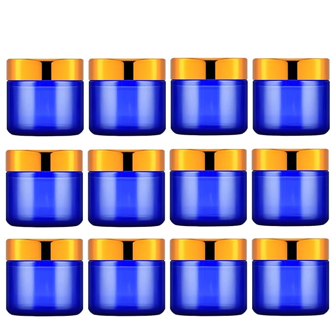 2 Oz Blue Round Glass Jars with Inner Liners and Gold Lids(12PCS) Empty Cream Containers Refillable Cosmetic Vials for Cosmetics, Lotions, Ointment, Body Scrubs & Balms