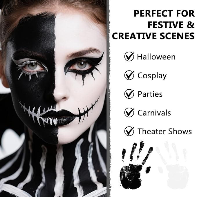 Black & White Face Body Paint Kit for Kids & Adults, Non-Toxic Water-Based Professional Face Painting Palette with Brushes for Halloween Clown Goth Vampire SFX Makeup, Art Stage Cosplay Parties