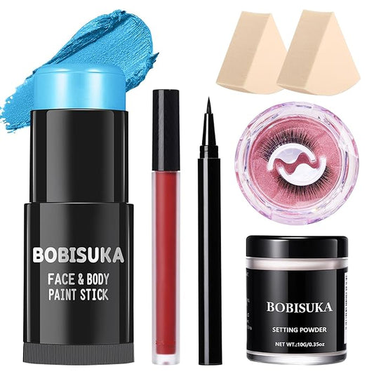 BOBISUKA Sally Halloween Makeup Kit- Light Blue Face Body Paint Stick with Red Lipstick, Black Eyeliner, Self-Adhesive Lashes, Setting Powder & Sponges Makeup Set For Avatar, Corpse Bride, Theme Party