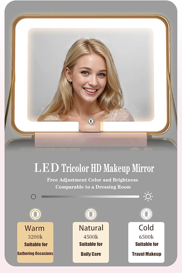 Makeup Bag with LED Mirror, Portable Makeup Artist Organizer Case with Lighted Mirror, Travel Makeup Bag for Women Cosmetic Brush Holder Storage, Pink Makeup Gift for Girls