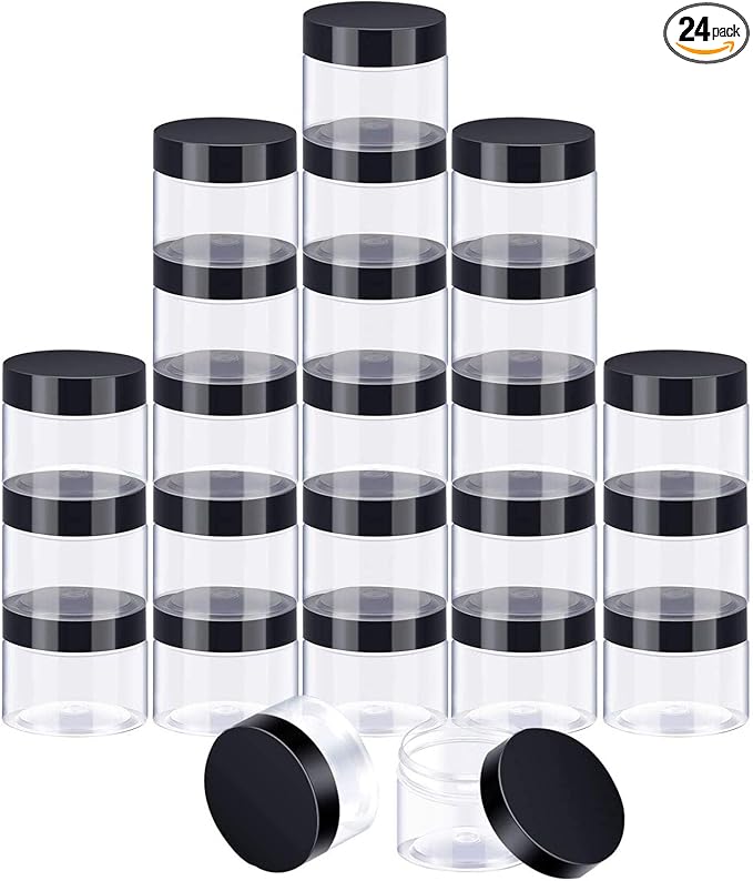 SATINIOR 24 Pieces Empty Clear Plastic Jars with Lids Round Storage Containers Wide-Mouth for Beauty Product Cosmetic Cream Lotion Liquid Butter Craft and Food (Black Lid, 2 oz)