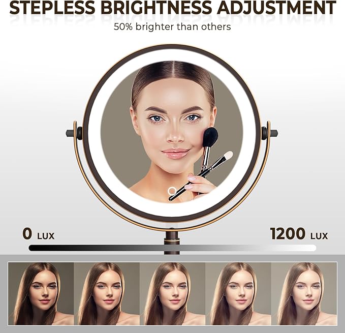 8" Wall Mounted Lighted Makeup Mirror, 3000mAh Rechargeable Double Sided 1X/10X Magnifying Mirror with Hook, 3 Color Lights Touch Dimmable 360° Rotation Vanity Mirror for Bathroom (Antique Bronze)