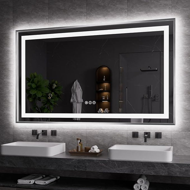 Amorho 60"X36" LED Bathroom Mirror, Brushed Nickel Framed Mirror with Front Light and Backlit, Stepless Dimmable, Anti-Fog, Shatter-Proof, Memory, 3 Colors
