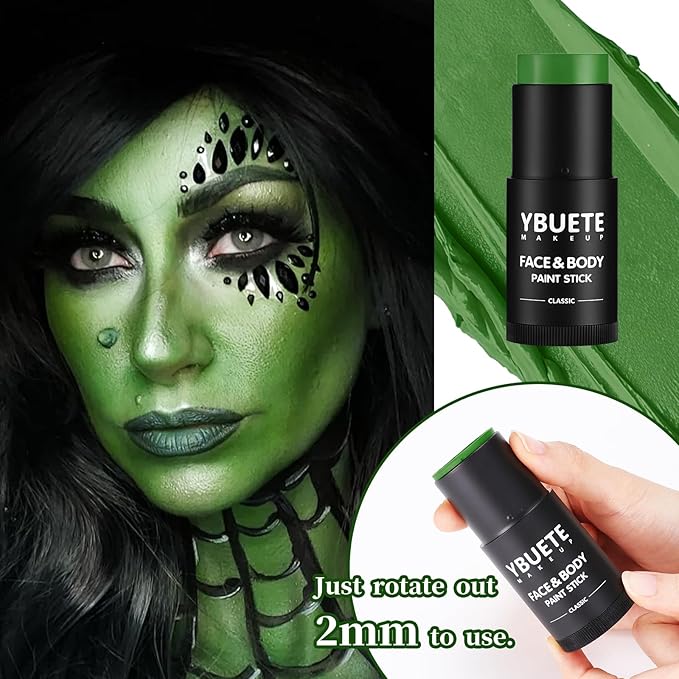 Green Face Body Painting Stick, Professional Full-coverage Cream Green Face Paint for St. Patrick's Day Halloween SFX Witch Monster Cosplay Makeup, Washable Body Paint for Adult Carnival