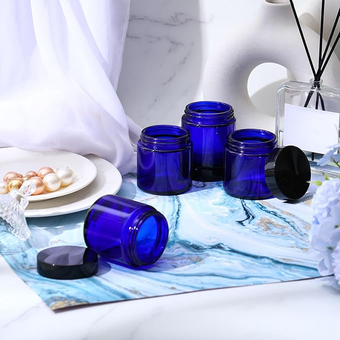 Norme 96 Pcs 4 oz Glass Jars with Lids Leakproof Round Airtight Empty Cosmetic Jars with Inner Liners Lid for Storing Lotions Powder Ointments Candle Making Tins (Black,Blue)
