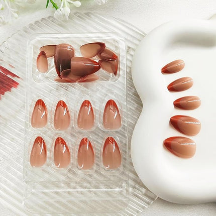 Short Press on Nails Almond Orange French Tip Glue on Nails Cute Fake Nails Full Cover Stick on Nails Glossy Artificial Nails Short Acrylic Nails Press ons Reusable False Nails for Women 30 Pcs