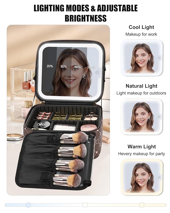 Relavel Travel Makeup Bag With LED Mirror, Portable Cosmetic Organizer Bag with Adjustable Brightness in 3 Color Scenarios, Small Train Case with Detachable Dividers for Trip- Brown Bowknot
