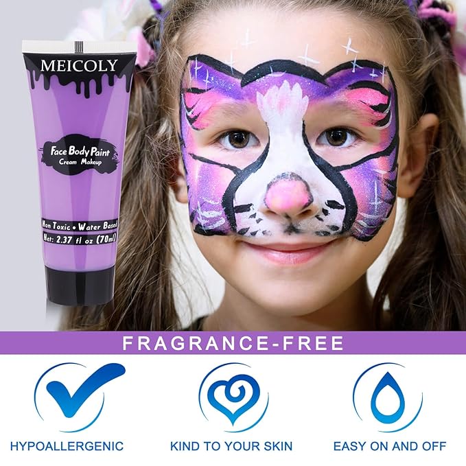 MEICOLY Cream Light Purple Face Body Paint,2.37Oz Large Tube Water Based Full Body Paint for Adults and Kids,Lavender Violet Face Paint for Halloween Stage SFX Special Effects Ursula Cosplay Makeup