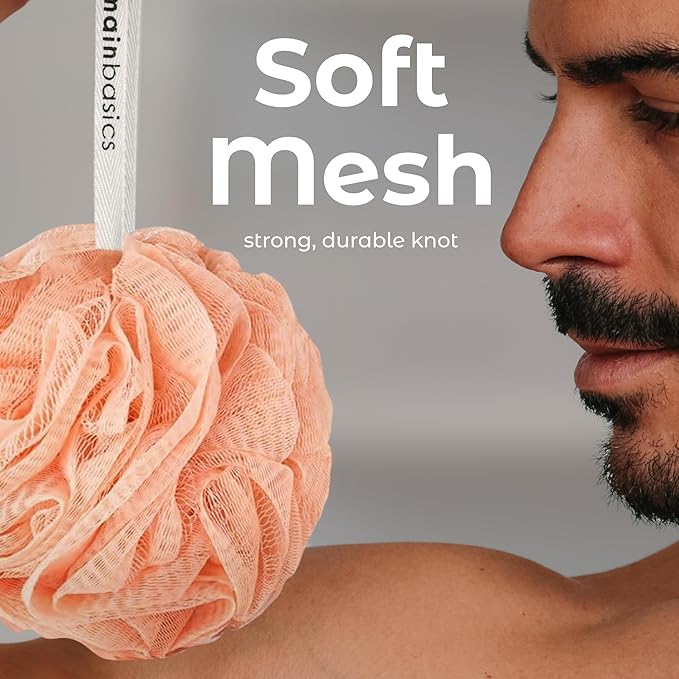 MainBasics Bath Shower Loofah Sponge Pouf Body Scrubber Exfoliator Body Wash Sponge (Set of 3, Coral Reef)