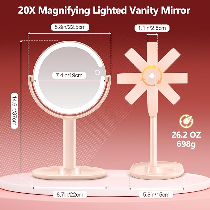 MIYADIVA Makeup Mirror with Lights,20X Magnifying Mirror with Light and Touch Switch,Vanity Mirror with 3 Color Light and 80 LEDs,2-Sided Lighted Magnified Mirrors 8.8 Inches, Pink
