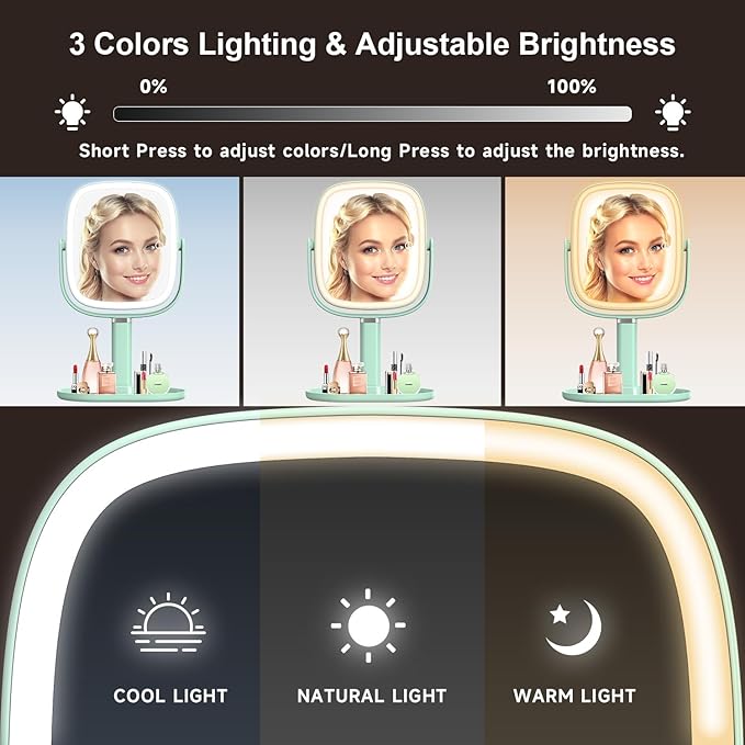 Mocado Makeup Mirror with Lights, 1X/20X Magnifying Mirror with Light, Vanity Mirror with 3 Colors Lights, Height Adjustable Lighted Makeup Mirror, Double Sided 360°Rotation, Memory Function (Green)