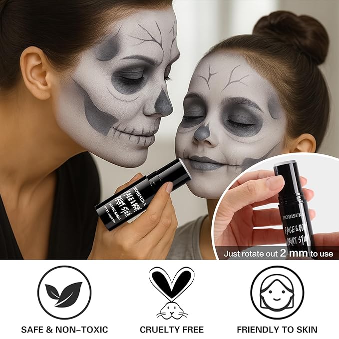 BOBISUKA Grey Face & Body Paint Stick Water-Based Washable Face Paint Makeup Stick for Halloween Skeleton, Skull, Zombie, Vampire, Cosplay, SFX, Sports Eye Black & Costume Party