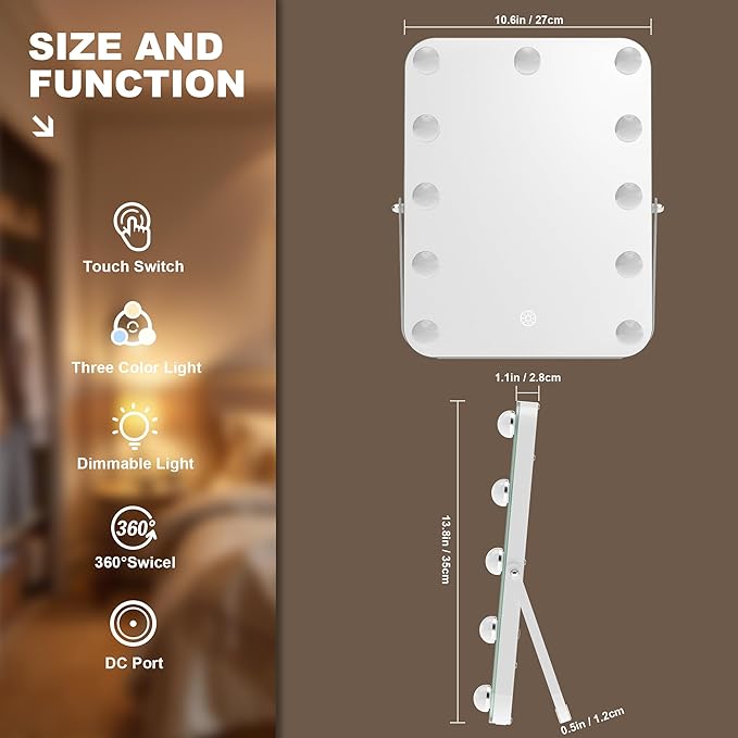 MINISO Vanity Mirror with Lights - 10.6" x 13.8" Hollywood Makeup Mirror with Adjustable Brightness,3 Modes Light, 360°Rotation