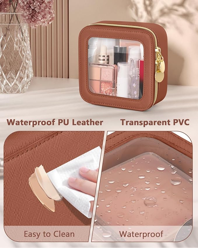 Mini Makeup Bag, Small Makeup Bag for Purse, Waterproof Clear Makeup bag, Leather Cosmetic Bag, Square Make Up Bag Pouch, Toiletry Bag for Travel, Car and Women, Brown