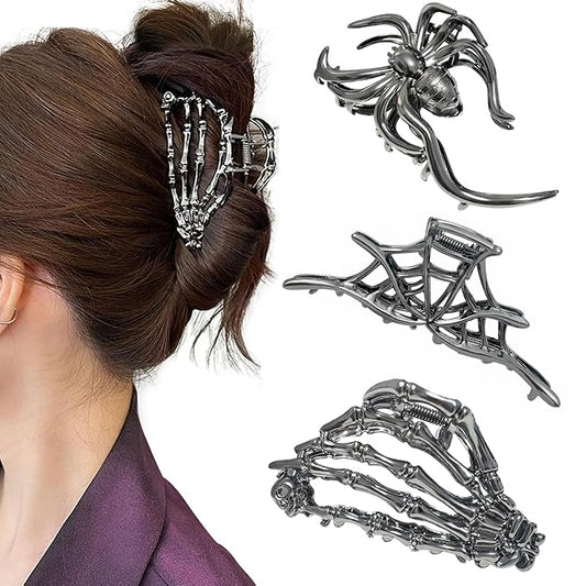 3Pcs Halloween Hair Claw Clips For Women And Girls, Black Gun Color Metal Spider Hand Skeleton Spider Web Design For Spooky Barrette Headband Hair,Nonslip Clip For Styling Hair Accessories Gift