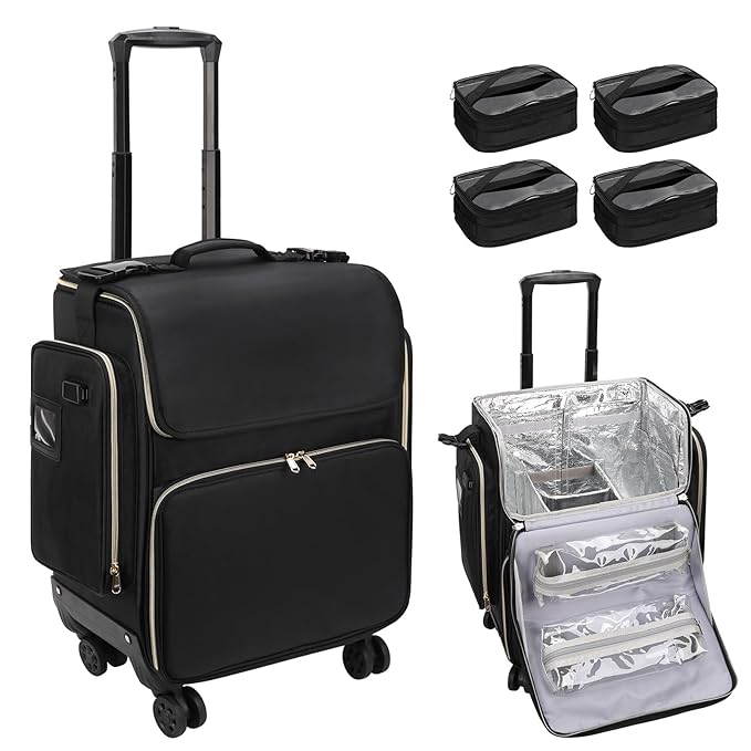 OCHEAL Hairstylist Traveling Case with 4 Clear Travel Makeup Bags Set, Cosmetic Makeup Trolley Train Case Hairdresser Case with Detachable Pouch & 360° Rotatable Wheels for HairdressingTool Organizer