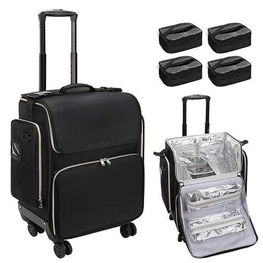OCHEAL Hairstylist Traveling Case with 4 Clear Travel Makeup Bags Set, Cosmetic Makeup Trolley Train Case Hairdresser Case with Detachable Pouch & 360° Rotatable Wheels for HairdressingTool Organizer