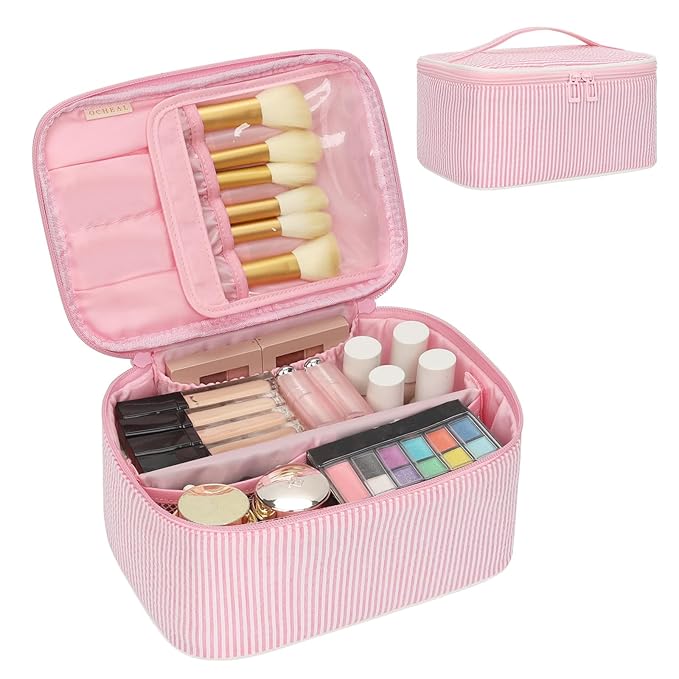 OCHEAL Makeup Bag for Women - Travel Cosmetic Organizer with Brush Slot & Divider, Large Capacity Toiletry Bag for Girls, Travel Makeup Case for everyday Make up Accessories -Pink stripes