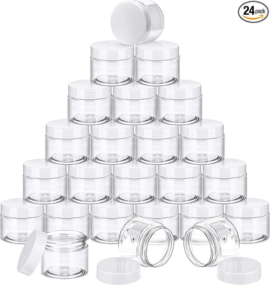 SATINIOR 24 Pieces Empty Clear Plastic Jars with Lids Round Storage Containers Wide-Mouth for Beauty Product Cosmetic Cream Lotion Liquid Butter Craft and Food (White Lid, 2 oz)