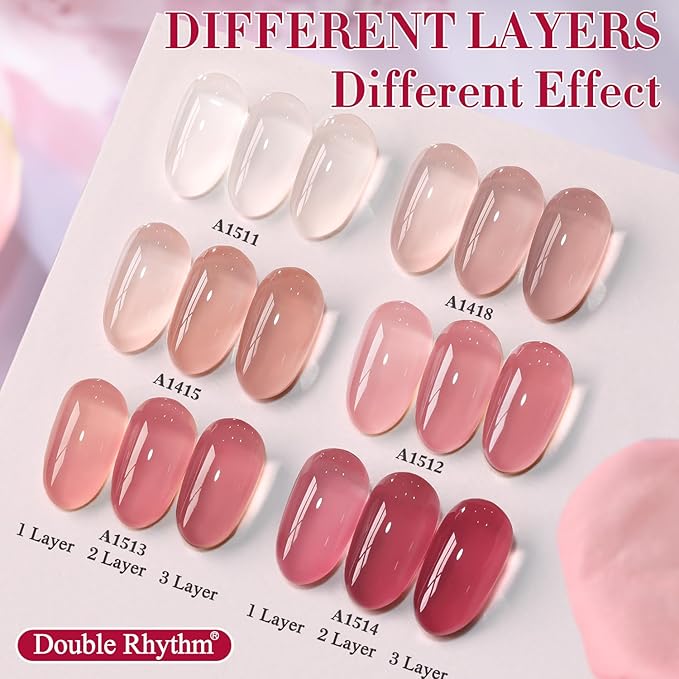Double Rhythm 6 Pcs 15 ML Gel Polish Set Same Color Same Bottle Soak Off Gel Polish Kit Nail Art Manicure Salon DIY at Home for Women (Jelly Translucent Rose Pink Burgundy Red-T6-2)
