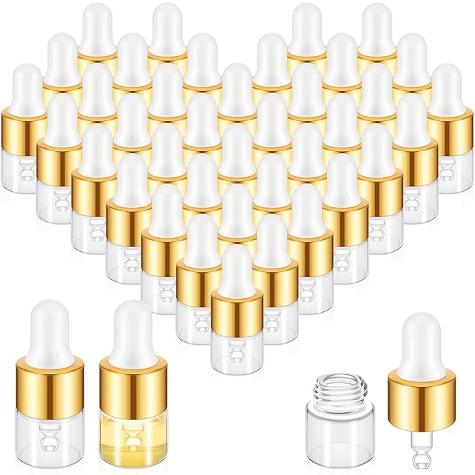 200 Pcs Mini Glass Oil Dropper Bottle Bulk, Clear Essential Small Empty Bottles Sample Containers Perfume Liquid Vials with Cap for Traveling (1 ml,Gold)