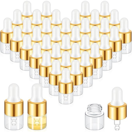 200 Pcs Mini Glass Oil Dropper Bottle Bulk, Clear Essential Small Empty Bottles Sample Containers Perfume Liquid Vials with Cap for Traveling (1 ml,Gold)